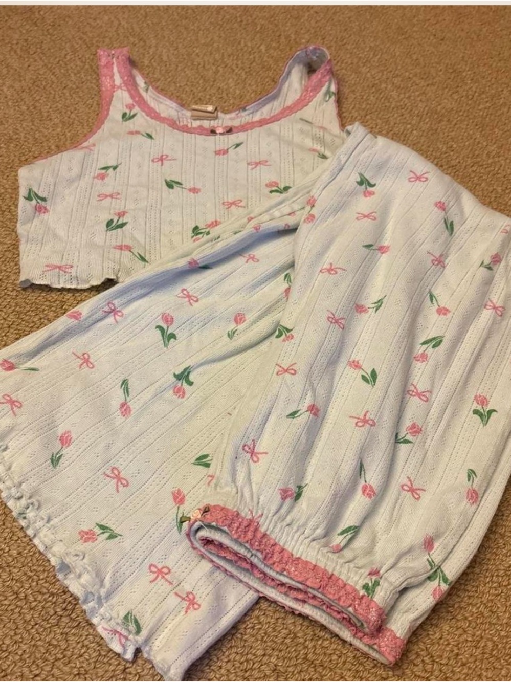 Floral Tank and Pants Pajama Set with Pink Trim